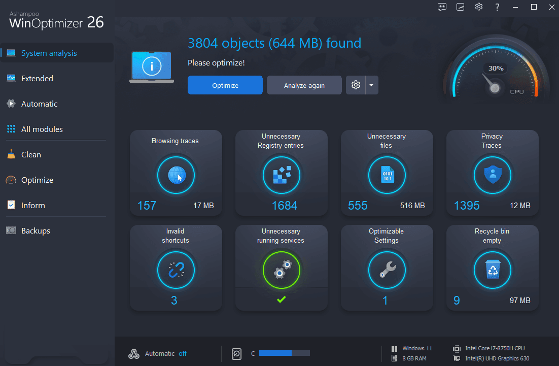 Screen Shot image 2 Ashampoo WinOptimizer 26 كود رقمي (مدى الحياة / 3 اجهزة كمبيوتر مكتبي)
