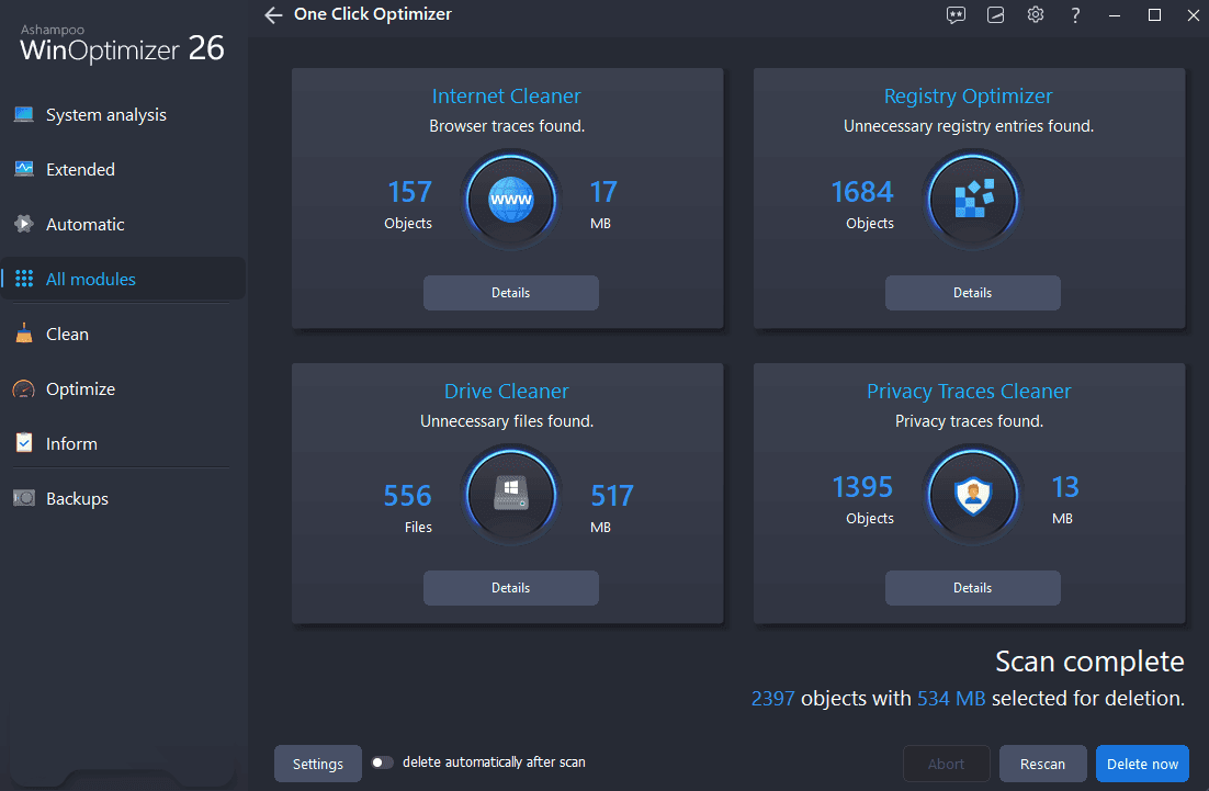 Screen Shot image 0 Ashampoo WinOptimizer 26 كود رقمي (مدى الحياة / 3 اجهزة كمبيوتر مكتبي)